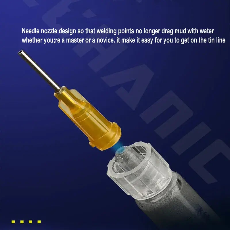 MECHANIC iSm5 PASTE FOR JUMPER WIRE - Soldering Flux - yellow needle-tipped dispenser nozzle with a long metal tip being attached to a clear plastic threaded connector on a grey cylindrical body against a blue background.