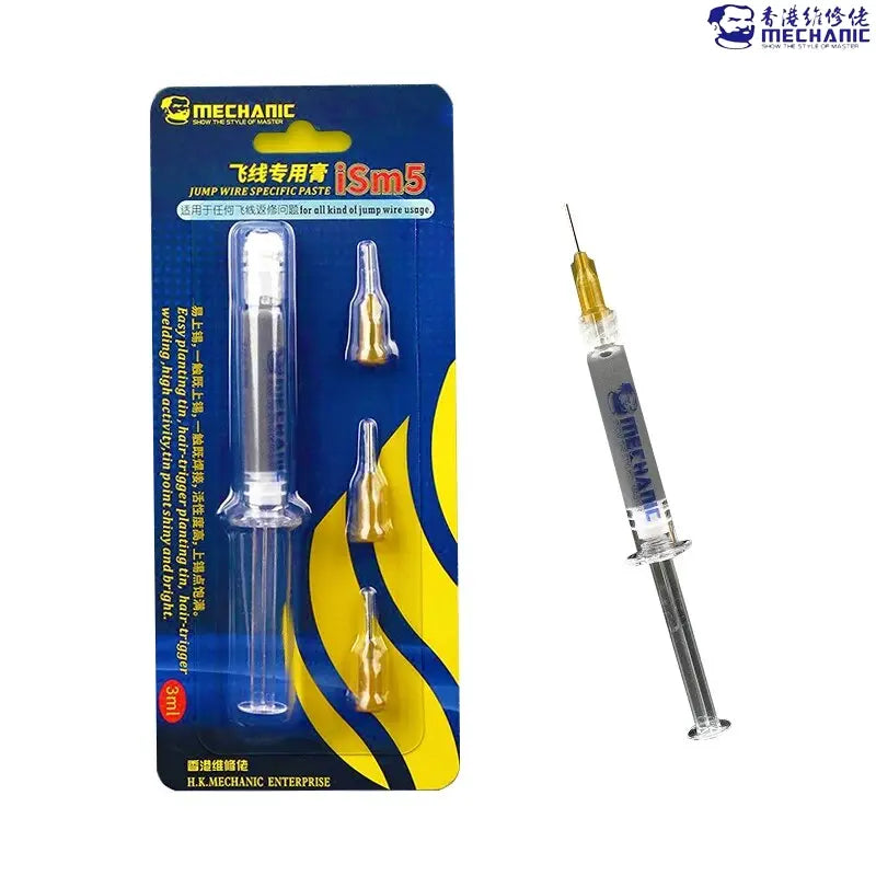 MECHANIC iSm5 PASTE FOR JUMPER WIRE - Soldering Flux - mechanic iSm5 jump wire paste in a syringe with three gold-colored needle tips, mounted on a blue and yellow blister pack featuring branding and Chinese text.