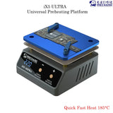 MECHANIC IX5 ULTRA UNIVERSAL PREHEATING PLATFORM - blue rectangular preheating platform with a grey base, featuring a digital display, two circular control buttons, and a smartphone motherboard clamped on top.