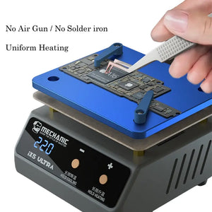 MECHANIC IX5 ULTRA UNIVERSAL PREHEATING PLATFORM - grey mechanic iX5 ultra heating station with a blue square work platform, digital temperature display, two adjustment buttons, and two component-securing clips.