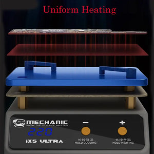 MECHANIC IX5 ULTRA UNIVERSAL PREHEATING PLATFORM - gray mechanic iX5 ultra heating station with a blue rectangular metal plate, two blue clamps, an LED display showing 220, and two round yellow control buttons.