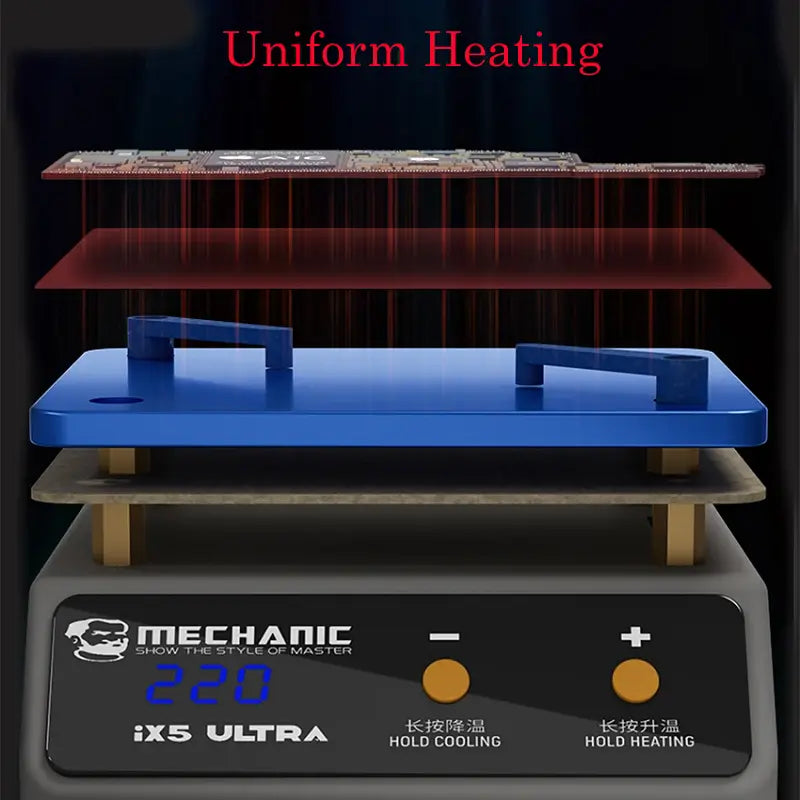 MECHANIC IX5 ULTRA UNIVERSAL PREHEATING PLATFORM - gray mechanic iX5 ultra heating station with a blue rectangular metal plate, two blue clamps, an LED display showing 220, and two round yellow control buttons.