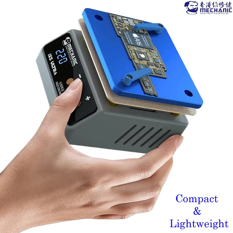 MECHANIC IX5 ULTRA UNIVERSAL PREHEATING PLATFORM - grey heating station with a blue metal fixture, digital display labeled MECHANIC IX5 ULTRA, and two small levers holding a circuit board.