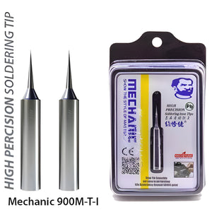 Mechanic Lead Free Soldering Iron Tip 900M-T-I For Jumper Wire BGA Motherboard Welding Repair Tools - shown as two loose silver metal conical tips next to their retail packaging box.
