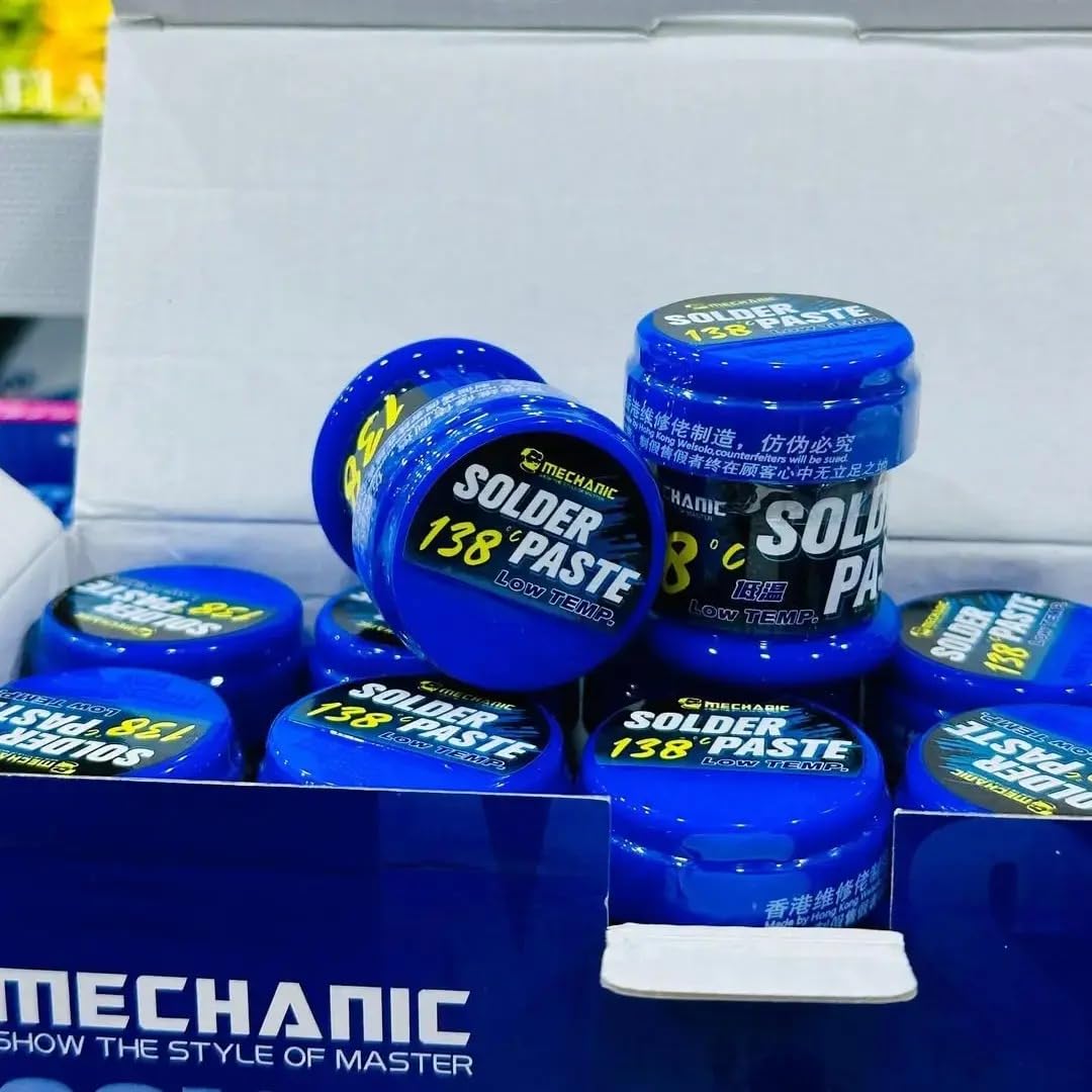 Mechanic LW50 Solder Paste 138°c Low Temp 50G - shown as a collection of blue circular containers with printed labels inside a branded cardboard box.