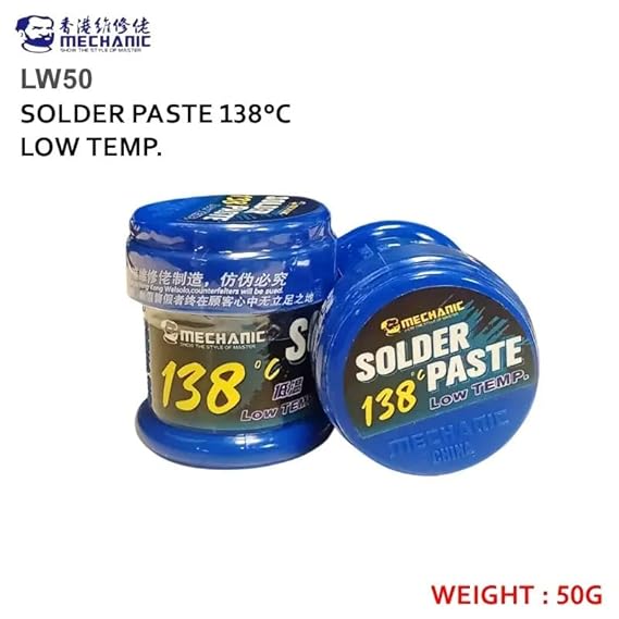 Mechanic LW50 Solder Paste 138°c Low Temp 50G - two blue plastic containers, one standing upright and one lying on its side, both with labels.