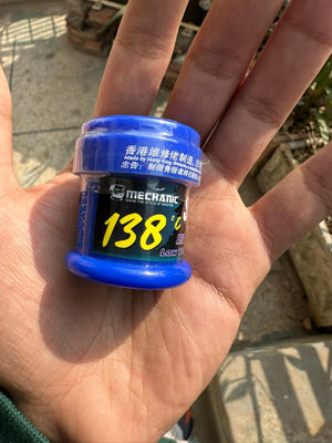 Mechanic LW50 Solder Paste 138°c Low Temp 50G - a blue cylindrical container with a label displaying the temperature 138°C.