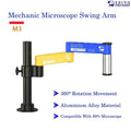 MECHANIC M3 UNIVERSAL ROBOTIC ARM - Microscope Bracket - adjustable black metal pillar stand featuring a yellow arm, a blue arm, and a silver cylindrical mount, all marked with "MASTER MECHANIC ARM" text and logos.