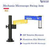 MECHANIC M3 UNIVERSAL ROBOTIC ARM - Microscope Bracket - adjustable black metal pillar stand featuring a yellow arm, a blue arm, and a silver cylindrical mount, all marked with "MASTER MECHANIC ARM" text and logos.