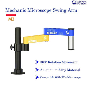 MECHANIC M3 UNIVERSAL ROBOTIC ARM - Microscope Bracket - adjustable black metal pillar stand featuring a yellow arm, a blue arm, and a silver cylindrical mount, all marked with "MASTER MECHANIC ARM" text and logos.