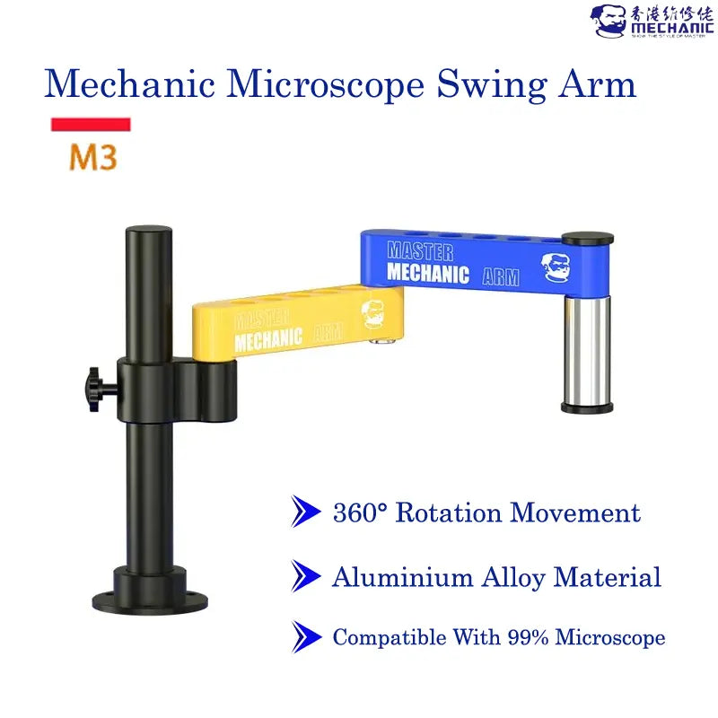 MECHANIC M3 UNIVERSAL ROBOTIC ARM - Microscope Bracket - adjustable black metal pillar stand featuring a yellow arm, a blue arm, and a silver cylindrical mount, all marked with "MASTER MECHANIC ARM" text and logos.