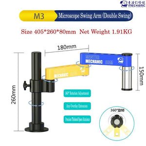 MECHANIC M3 UNIVERSAL ROBOTIC ARM - Microscope Bracket - black metal vertical stand attached to a yellow and blue double-jointed articulating arm with white text and logos, featuring a circular mounting attachment.