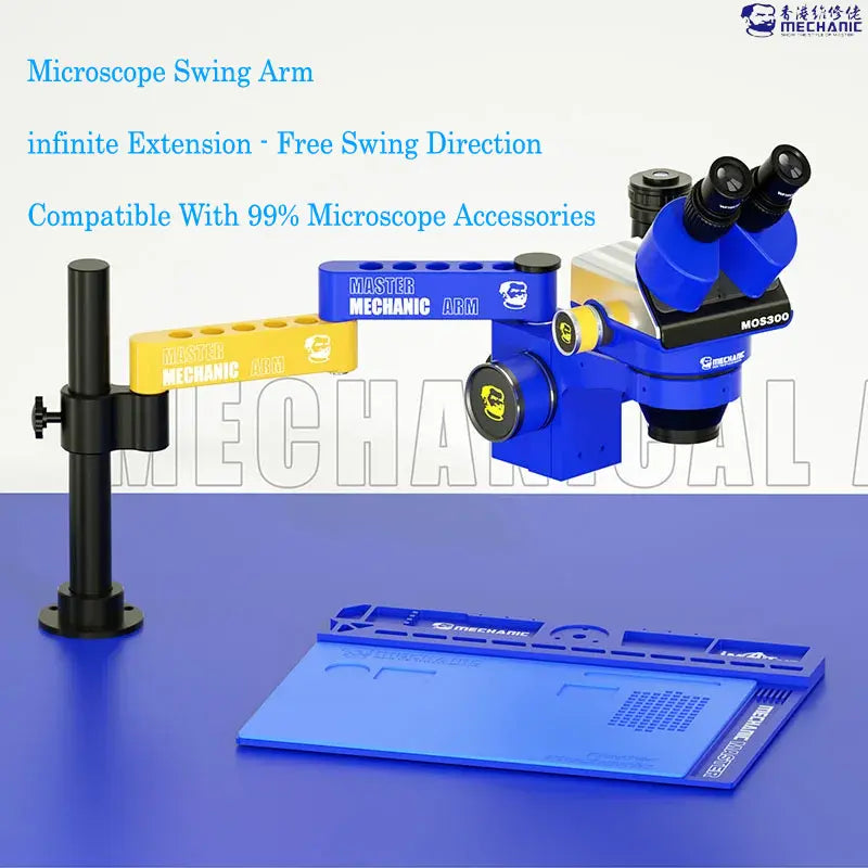 MECHANIC M3 UNIVERSAL ROBOTIC ARM - Microscope Bracket - blue and yellow articulated microscope swing arm with black eyepieces and knobs, featuring "MASTER MECHANIC ARM" text and a rectangular blue silicone work mat.
