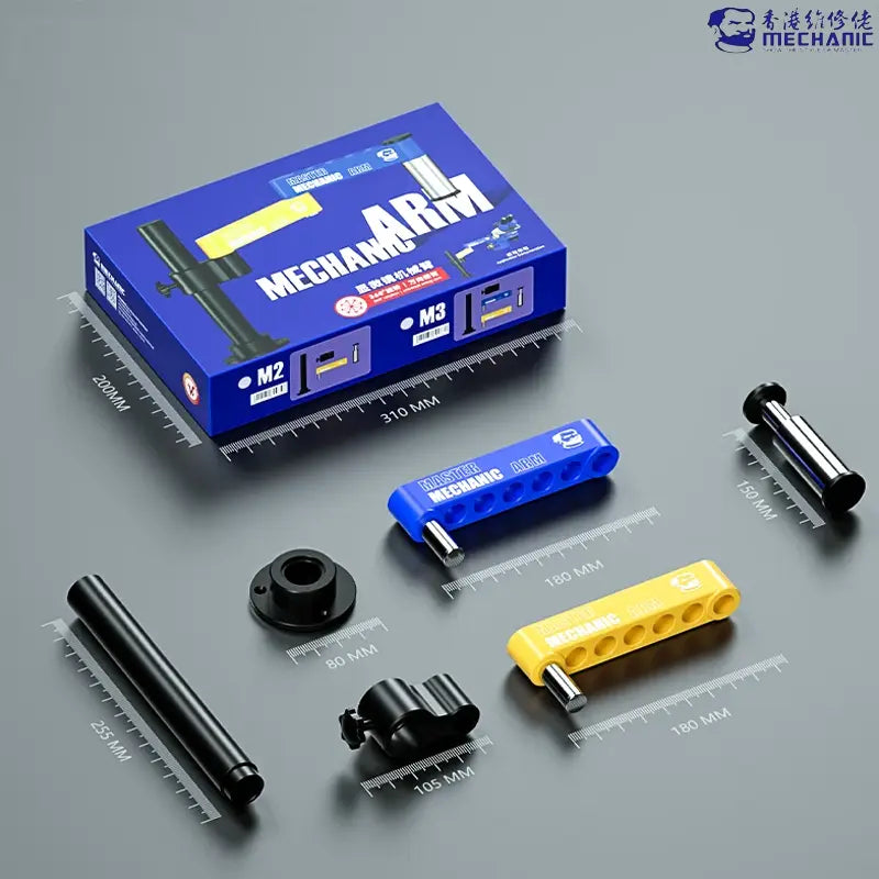 MECHANIC M3 UNIVERSAL ROBOTIC ARM - Microscope Bracket - blue packaging box labeled "mechanarm" containing various black, yellow, and blue metal components, including rods, circular bases, and perforated arms.