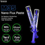 MECHANIC M35 NANO FLUX PASTE 10CC - Soldering Flux - two clear plastic syringes with purple plungers and caps, featuring labels that read "Nano Flux Paste" and "M35" in blue text against a black background.