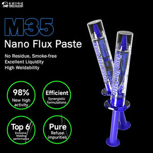 MECHANIC M35 NANO FLUX PASTE 10CC - Soldering Flux - two clear plastic syringes with purple plungers and caps, featuring labels that read "Nano Flux Paste" and "M35" in blue text against a black background.