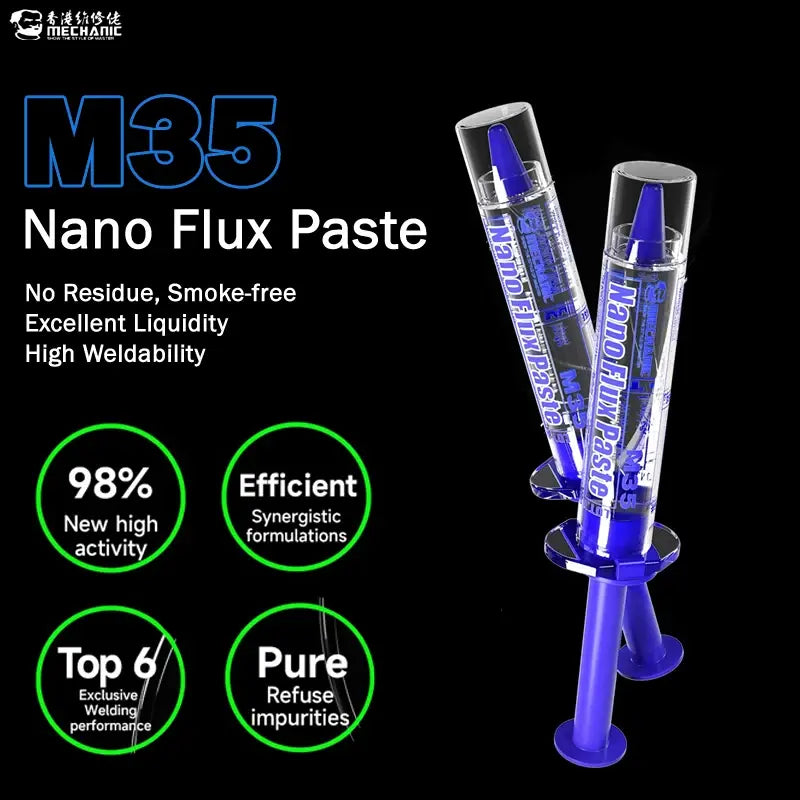 MECHANIC M35 NANO FLUX PASTE 10CC - Soldering Flux - two clear plastic syringes with purple plungers and caps, featuring labels that read "Nano Flux Paste" and "M35" in blue text against a black background.
