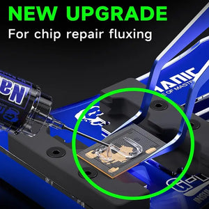 MECHANIC M35 NANO FLUX PASTE 10CC - Soldering Flux - blue metal chip repair fixture base with a clear needle applicator dispensing gel onto a small square circuit board component.