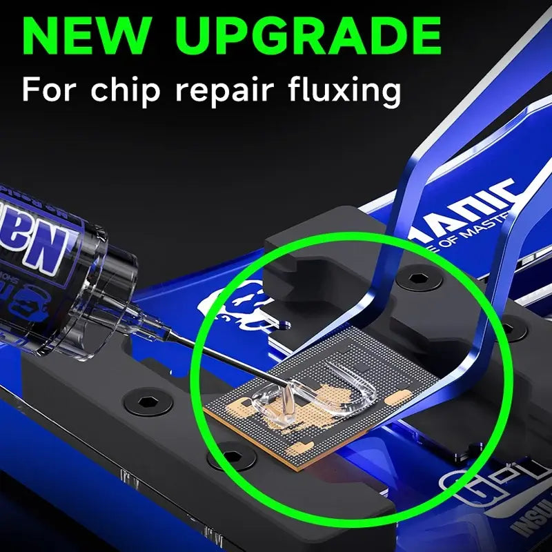MECHANIC M35 NANO FLUX PASTE 10CC - Soldering Flux - blue metal chip repair fixture base with a clear needle applicator dispensing gel onto a small square circuit board component.