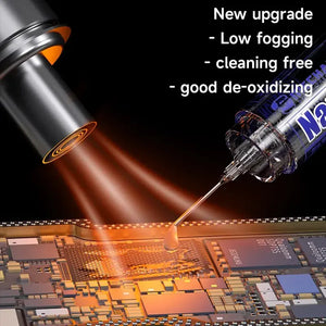 MECHANIC M35 NANO FLUX PASTE 10CC - Soldering Flux - a clear plastic syringe with a needle tip dispensing a drop of liquid onto a circuit board, illuminated by an angled metallic light source.