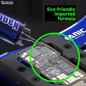 MECHANIC M35 NANO FLUX PASTE 10CC - Soldering Flux - clear liquid dispensing from a blue and black plastic bottle onto a rectangular green electronic circuit board secured in a black mounting clamp.