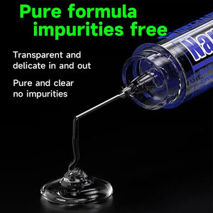 MECHANIC M35 NANO FLUX PASTE 10CC - Soldering Flux - a blue, cylindrical container with a metallic needle tip dispensing a thick, clear, viscous liquid onto a black surface, with partial blue and white labeling.
