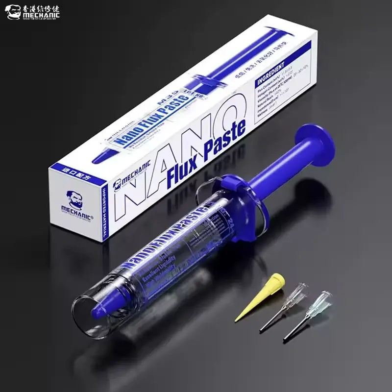 MECHANIC M35 NANO FLUX PASTE 10CC - Soldering Flux - a clear plastic syringe containing blue nano flux paste, next to a white and blue rectangular box, a yellow nozzle, and two metal dispensing needles.