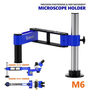 MECHANIC M6 UNIVERSAL ROBOTIC ARM - Microscope Bracket - blue and black articulated microscope holder arm with a silver vertical pole and base, featuring the mechanic logo and labeled as model M6.