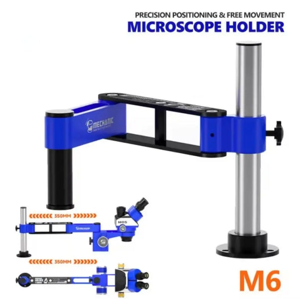 MECHANIC M6 UNIVERSAL ROBOTIC ARM - Microscope Bracket - blue and black articulated microscope holder arm with a silver vertical pole and base, featuring the mechanic logo and labeled as model M6.