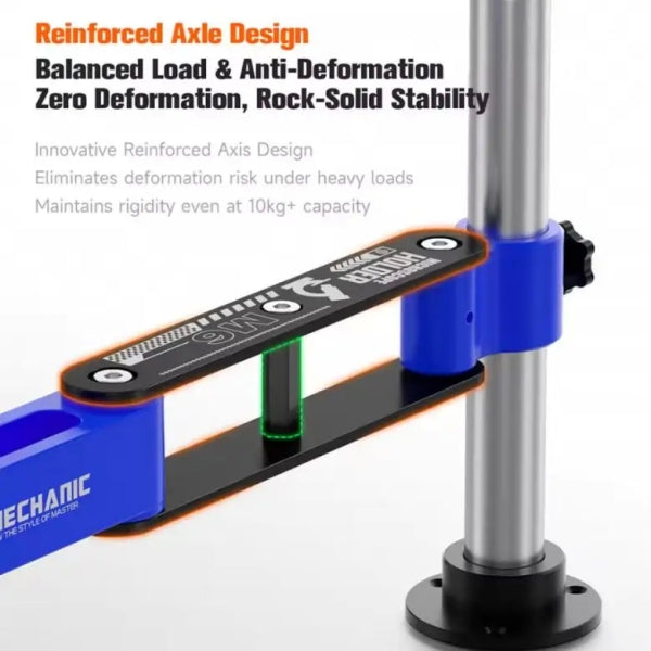 MECHANIC M6 UNIVERSAL ROBOTIC ARM - Microscope Bracket - blue and black adjustable microscope arm with a vertical silver pole, a black circular base, and the text "MECHANIC" printed in white on the side.