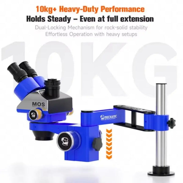 MECHANIC M6 UNIVERSAL ROBOTIC ARM - Microscope Bracket - blue and black articulated microscope arm stand with a silver vertical support pillar, featuring "MOS" and "MECHANIC" branding labels on the metallic chassis.