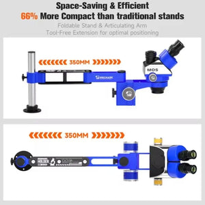 MECHANIC M6 UNIVERSAL ROBOTIC ARM - Microscope Bracket - blue and silver articulating microscope stand with a metal base, horizontal extension arm, and binocular head featuring "MOS" and "MECHANIC" branding.
