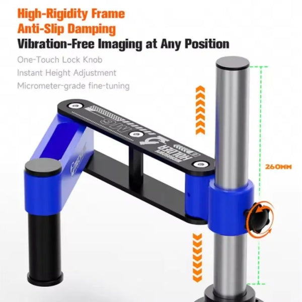 MECHANIC M6 UNIVERSAL ROBOTIC ARM - Microscope Bracket - blue and black metal microscope stand with a silver vertical column, horizontal adjustment arm, and a black circular tightening knob.