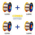MECHANIC M60 (0.4mm) SOLDER WIRE 40GRAM - four spools of silver solder wire with orange plastic ends and blue Mechanic branded labels, labeled as 0.3mm, 0.4mm, 0.5mm, and 0.6mm in a combo offer.