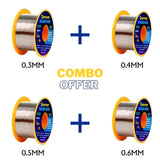 MECHANIC M60 (0.4mm) SOLDER WIRE 40GRAM - four spools of silver solder wire with orange plastic ends and blue Mechanic branded labels, labeled as 0.3mm, 0.4mm, 0.5mm, and 0.6mm in a combo offer.