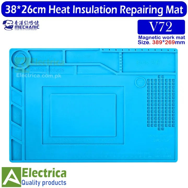 Mechanic Mc V72 Non-slip Silicone Soldering Mat 15.3*10.5 Inch ESD 500℃ Heat-resistant S-150 Silicone Repairing Pad For Mobile Repairing Mat Cell Phone Repair Tool - a blue rectangular silicone work pad with various molded compartments and a grid for organizing components.