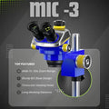 MECHANIC MIC3 B11 TRINOCULAR STEREO MICROSCOPE - blue and silver trinocular microscope head with two black eyepieces, yellow adjustment knobs, and text labels including "MIC-3" and "MECHANIC" on a metal stand.