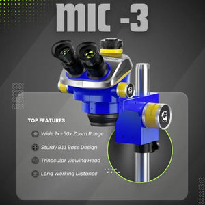 MECHANIC MIC3 B11 TRINOCULAR STEREO MICROSCOPE - blue and silver trinocular microscope head with two black eyepieces, yellow adjustment knobs, and text labels including "MIC-3" and "MECHANIC" on a metal stand.