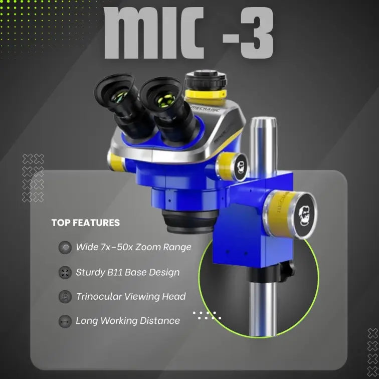 MECHANIC MIC3 B11 TRINOCULAR STEREO MICROSCOPE - blue and silver trinocular microscope head with two black eyepieces, yellow adjustment knobs, and text labels including "MIC-3" and "MECHANIC" on a metal stand.