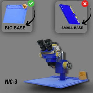 MECHANIC MIC3 B11 TRINOCULAR STEREO MICROSCOPE - blue binocular stereo microscope mounted on a rectangular blue silicone mat base with a yellow circular tool holder and adjustment knobs.
