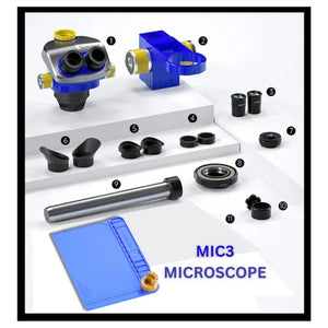 MECHANIC MIC3 B11 TRINOCULAR STEREO MICROSCOPE - microscope head, focus arm, eyepieces, eye guards, metal pillar, circular lens, blue silicone mat, and accessories numbered 1 through 11 on white steps.