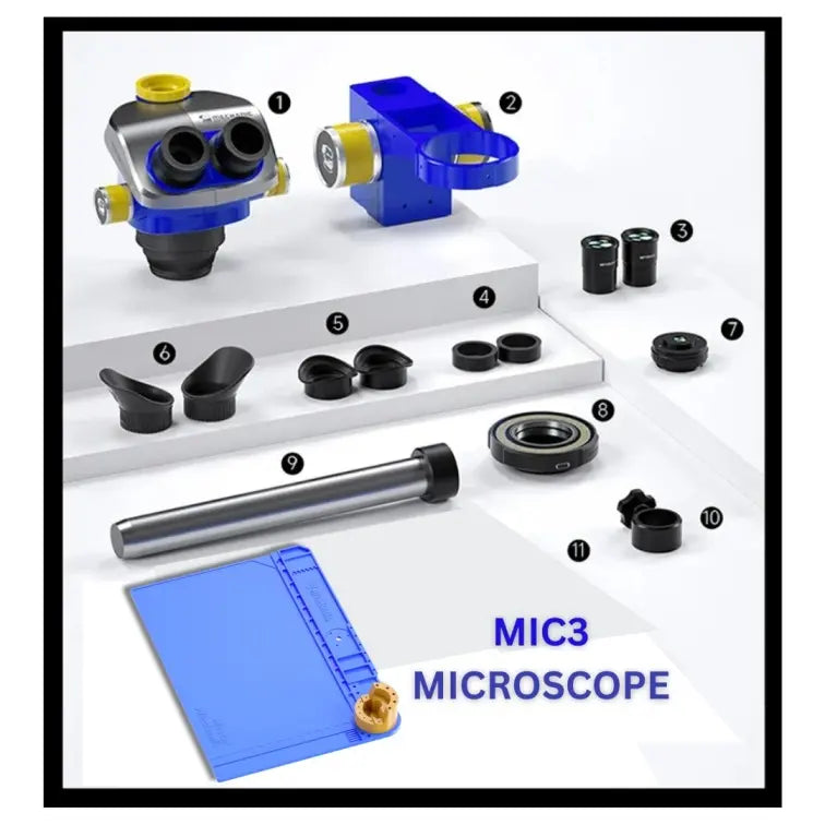 MECHANIC MIC3 B11 TRINOCULAR STEREO MICROSCOPE - microscope head, focus arm, eyepieces, eye guards, metal pillar, circular lens, blue silicone mat, and accessories numbered 1 through 11 on white steps.