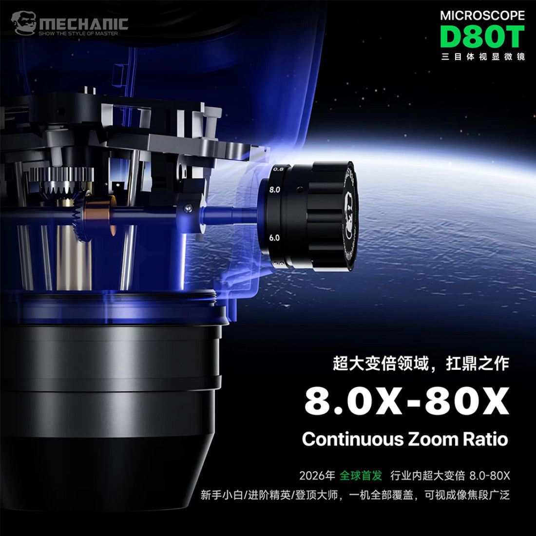 MC D80T microscope 8.0X to 80X continuous zoom lens mechanism