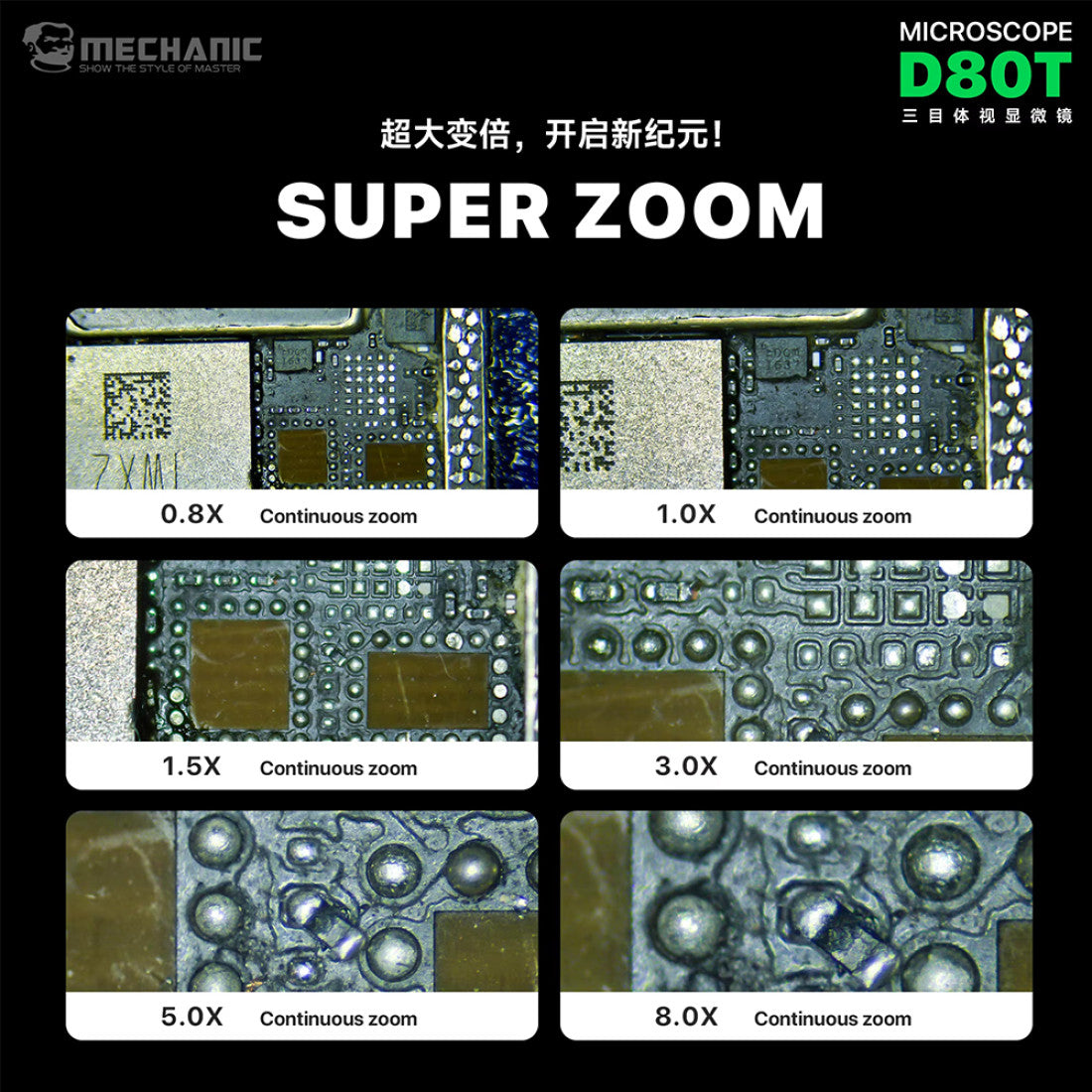 MC D80T microscope zoom magnification comparison 0.8X to 8.0X on PCB