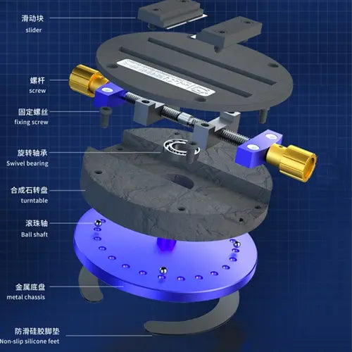 MECHANIC MK1 UNIVERSAL CLAMPING FIXTURE - Repair Fixture - exploded view of a mechanical assembly featuring a black circular turntable, blue metal base with ball bearings, gold adjustment knobs, and a screw mechanism.