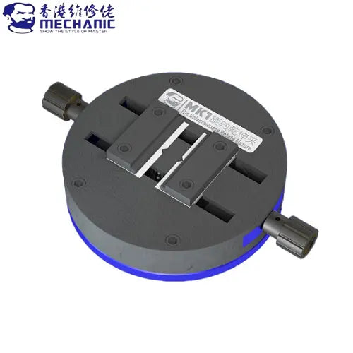 MECHANIC MK1 UNIVERSAL CLAMPING FIXTURE - Repair Fixture - a round, dark grey Mechanic MK1 rotary fixture with two sliding clamps on top and two black adjustment knobs extending from the sides of the blue base.