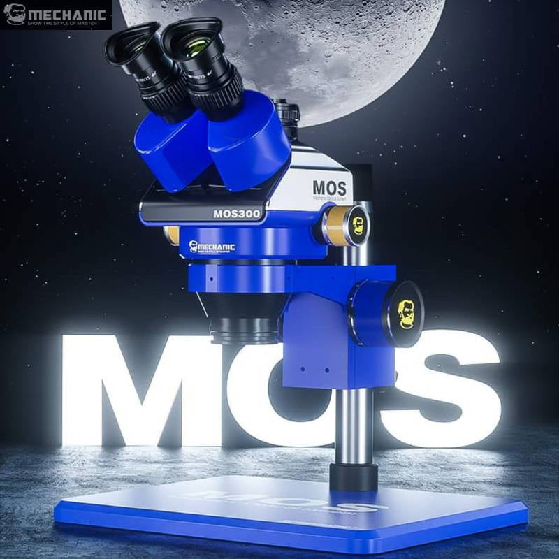 Mechanic Mos 300 Stereo Trinocular Microscope 6-45x with B11 Big Base - with blue casing and a large base, featuring two eyepieces and adjustment knobs on a stand.