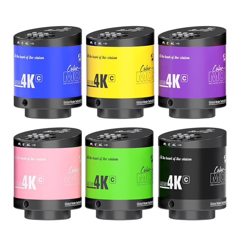MECHANIC MOS 4K HDMI CAMERA - Microscope Camera - six cylindrical camera lenses in blue, yellow, purple, pink, green, and black, featuring top-mounted buttons and branded text including "4K" and "Color MOS".