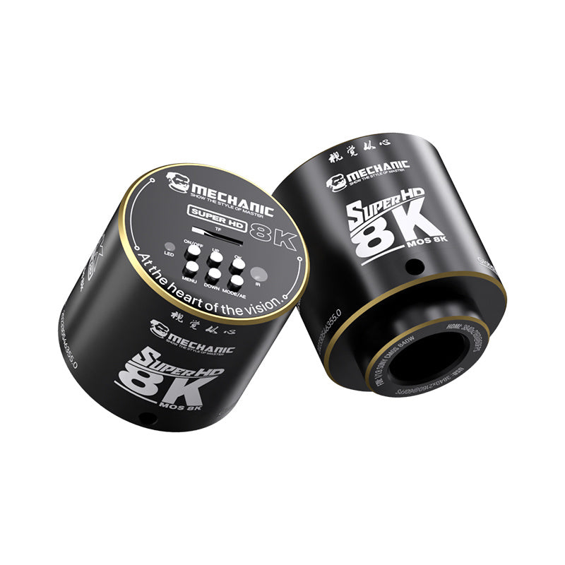 MECHANIC MOS 8K MICROSCOPE CAMERA - two cylindrical black metal camera components with gold-toned rims, featuring white text "MECHANIC" and "SUPER HD 8K", control buttons, and a memory card slot.