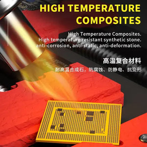 MECHANIC MR6 AIR DOUBLE BEARINGS VERSATILE FIXTURE - Repair Fixture - rectangular red composite material base holding a golden square electronic processor chip, illuminated by a thermal nozzle with yellow heat glow.